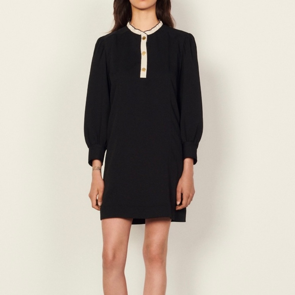 NWT Sandro dress, black, white & black ruffle collar, size 36 French.